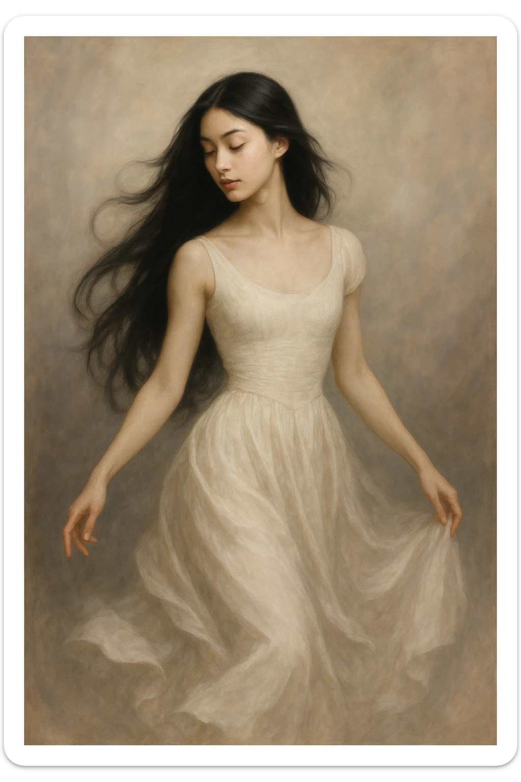 girl in a flowing dress, long black hair, elegant pose, soft background sticker