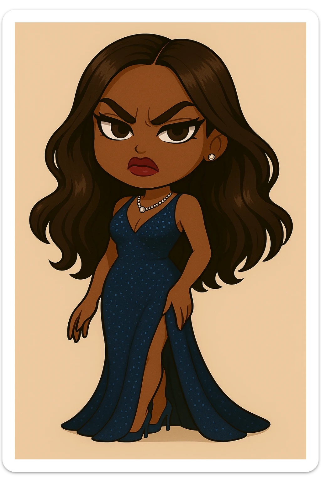 Change the expression to angry for a 20-year-old anime Bratz style woman with dark skin, dark hair, glamorous evening wear, big expressive eyes, and glossy lips. Maintain the anime Bratz style and the described features. sticker