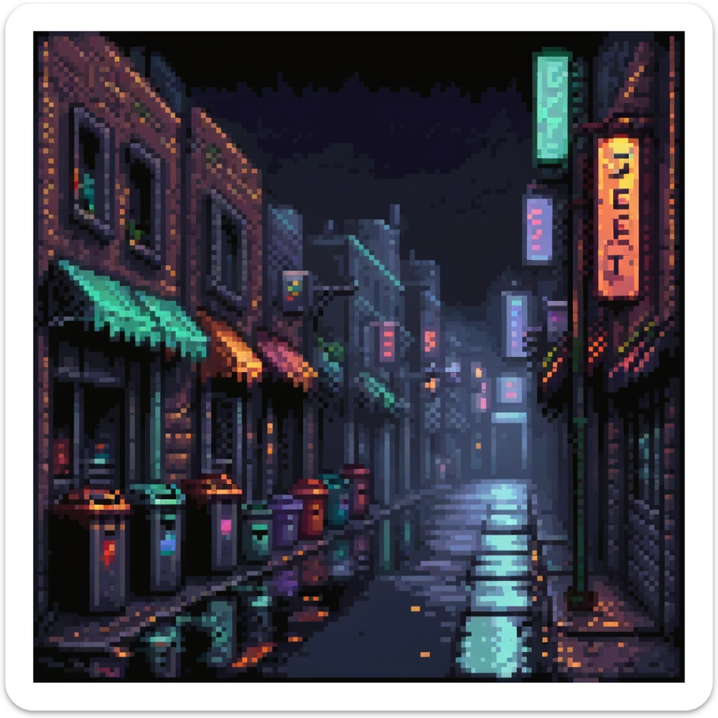 Pixel art background, side view of a dark Gotham-style street at night, moody lighting, flickering neon signs, trash bins, wet pavement, shadows in windows, 2D fighting game stage style, straight camera angle, retro arcade aesthetic
 sticker