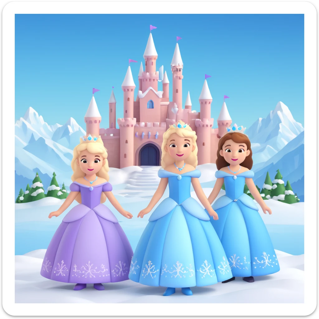 girls in a  snow princess dress, snow castle background sticker