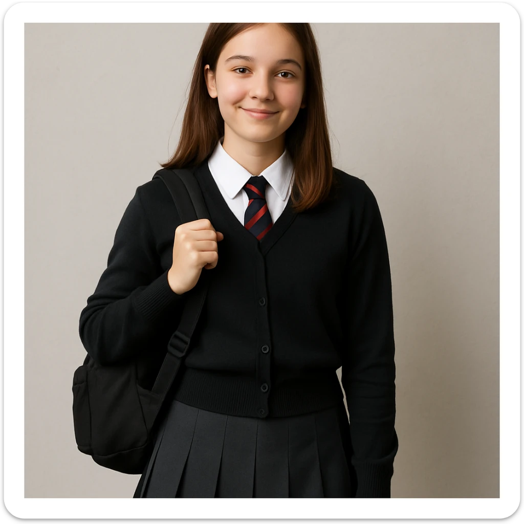 teenage girl in a modern school uniform, standing with a backpack, friendly look sticker