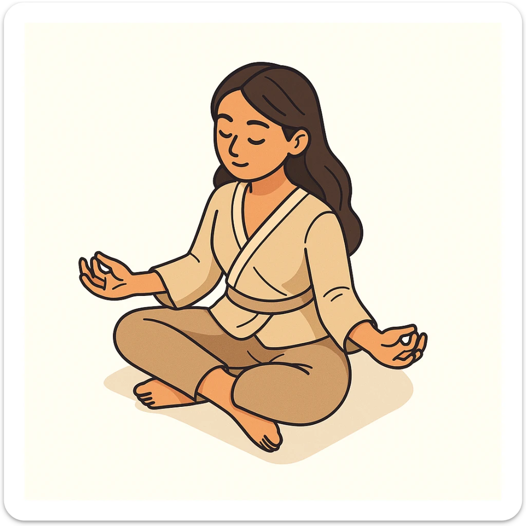 Create an image of the referenced girl in a lotus pose, preserving her appearance and clothing. Use a 2D isometric style with added shadows and highlights. The background should be white. Image size 512x512px. sticker