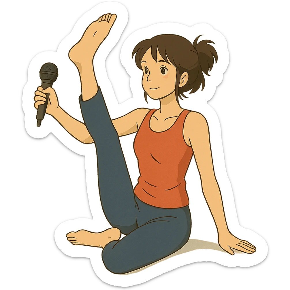 ghibli style illustration of a woman doing yoga with a microphone sticker
