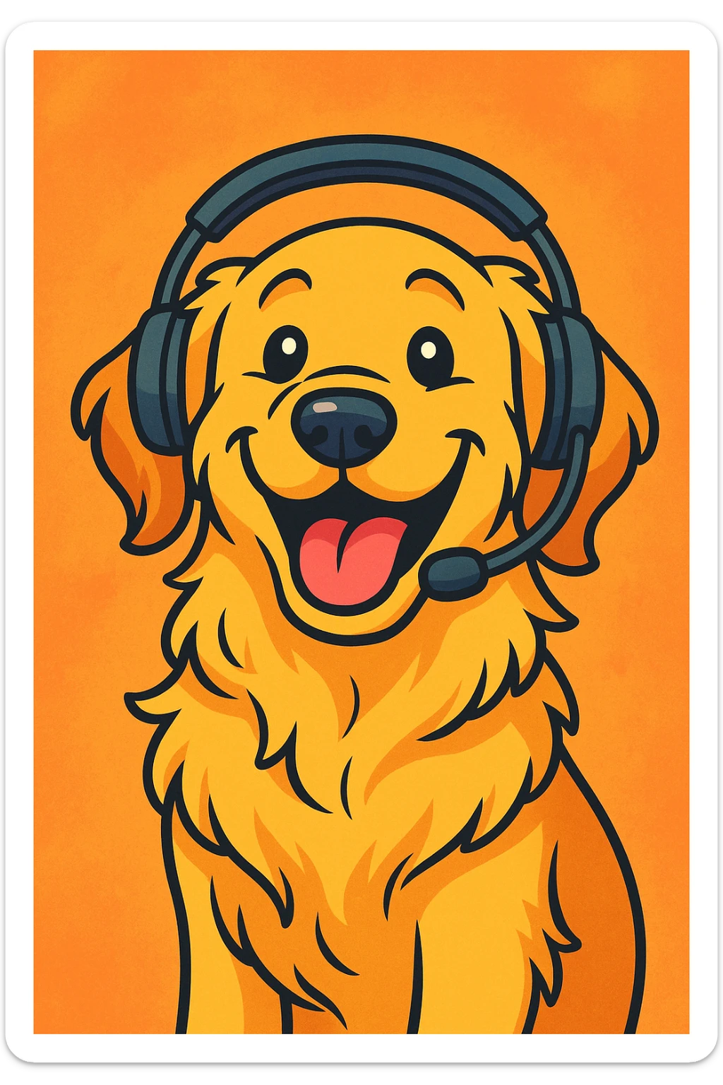 golden retriever with a headset, smiling, cartoon style, cheerful, colorful sticker
