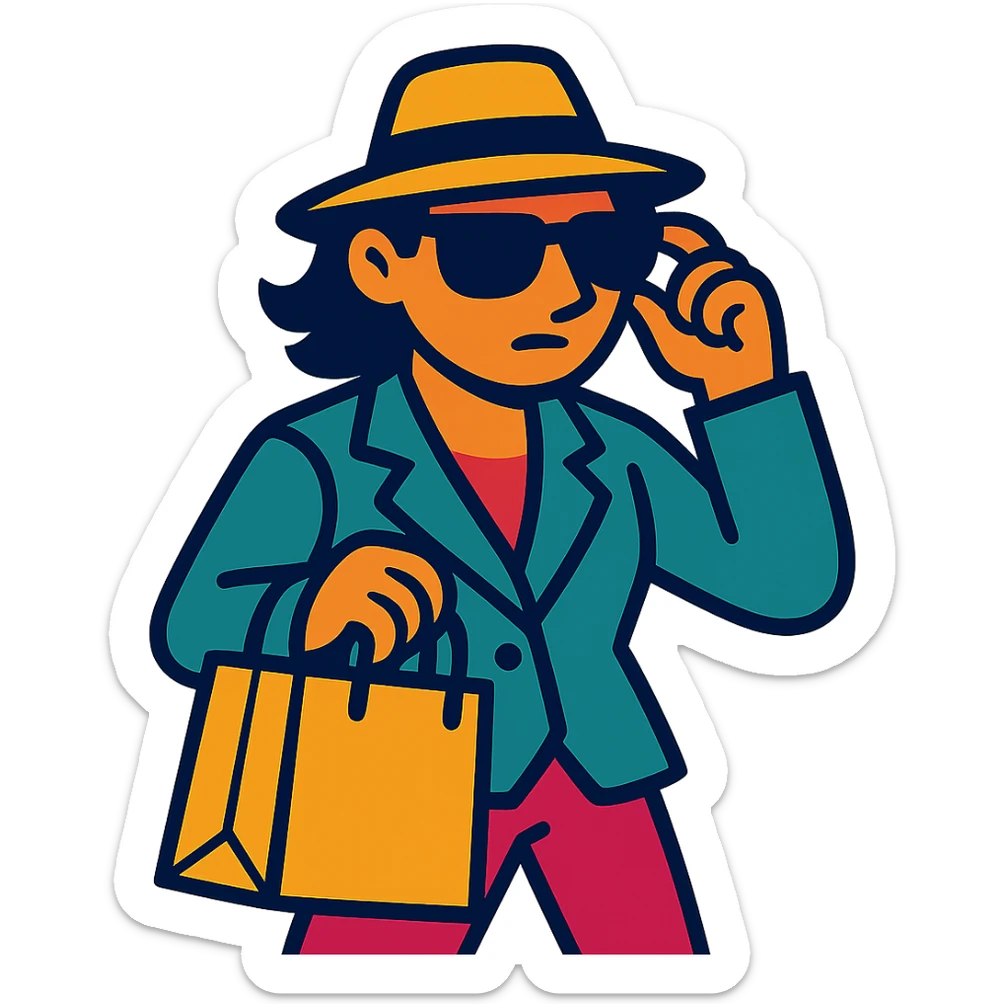 mystery shopper character holding a shopping bag, wearing sunglasses and a hat, vibrant toon style sticker