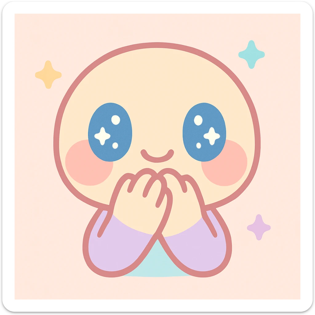 blushing face with wide eyes and a shy smile, hands covering mouth, cartoon style, cute and expressive sticker