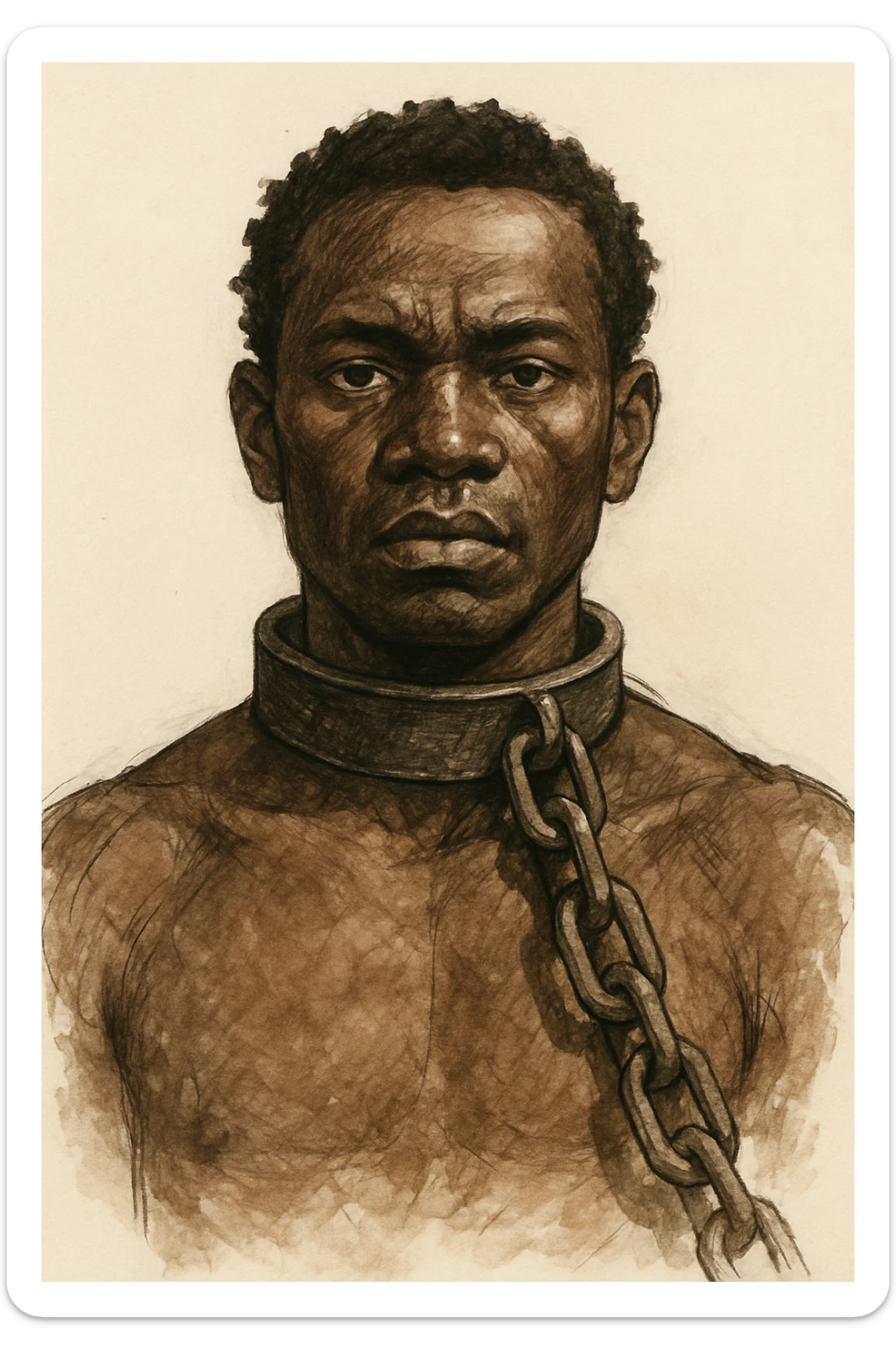 Сгенерируй мне в чуть рисованном стиле африканского раба, и на шее у него оковы с цепью, он смотрит четко прямо без эмоций. На белом фоне sticker