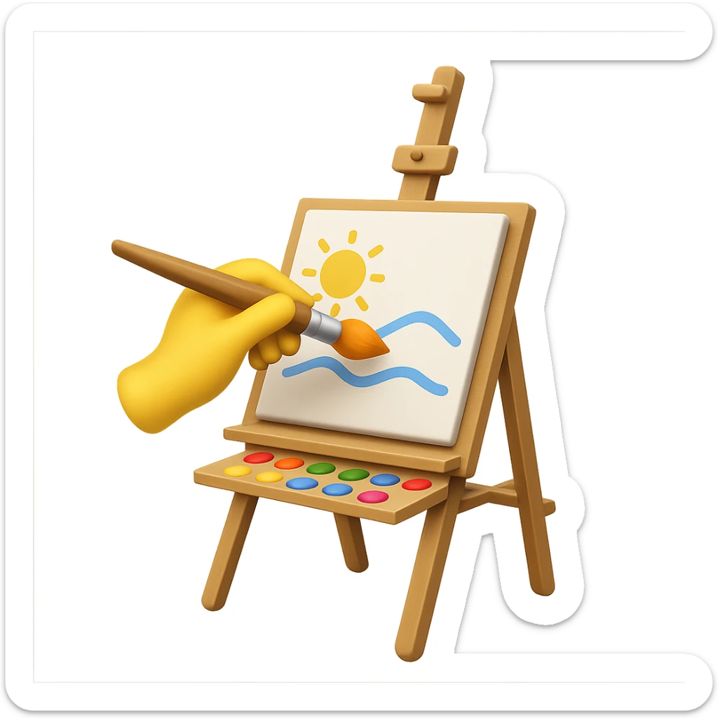 Add a hand drawing something on the easel with canvas and paintbrush in emoji style, no background, vibrant and clear colors, simple and concise emoji look sticker