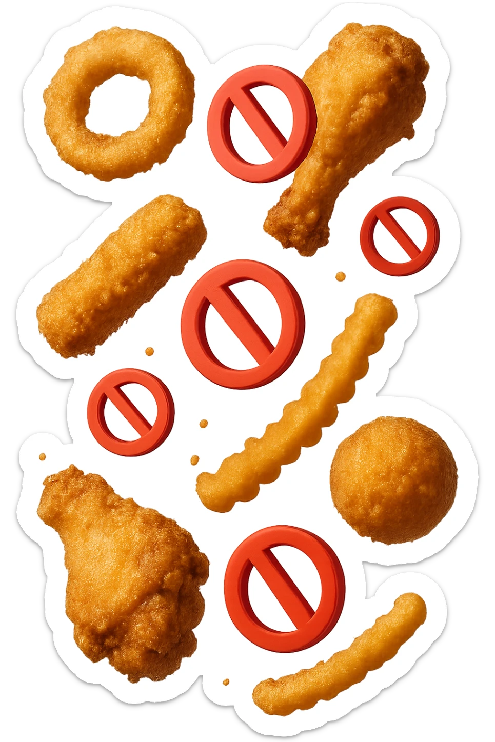 cibi fritti cadono verticalmente dall'alto con piccoli divieti in 3d, iperrealistico 4k sticker