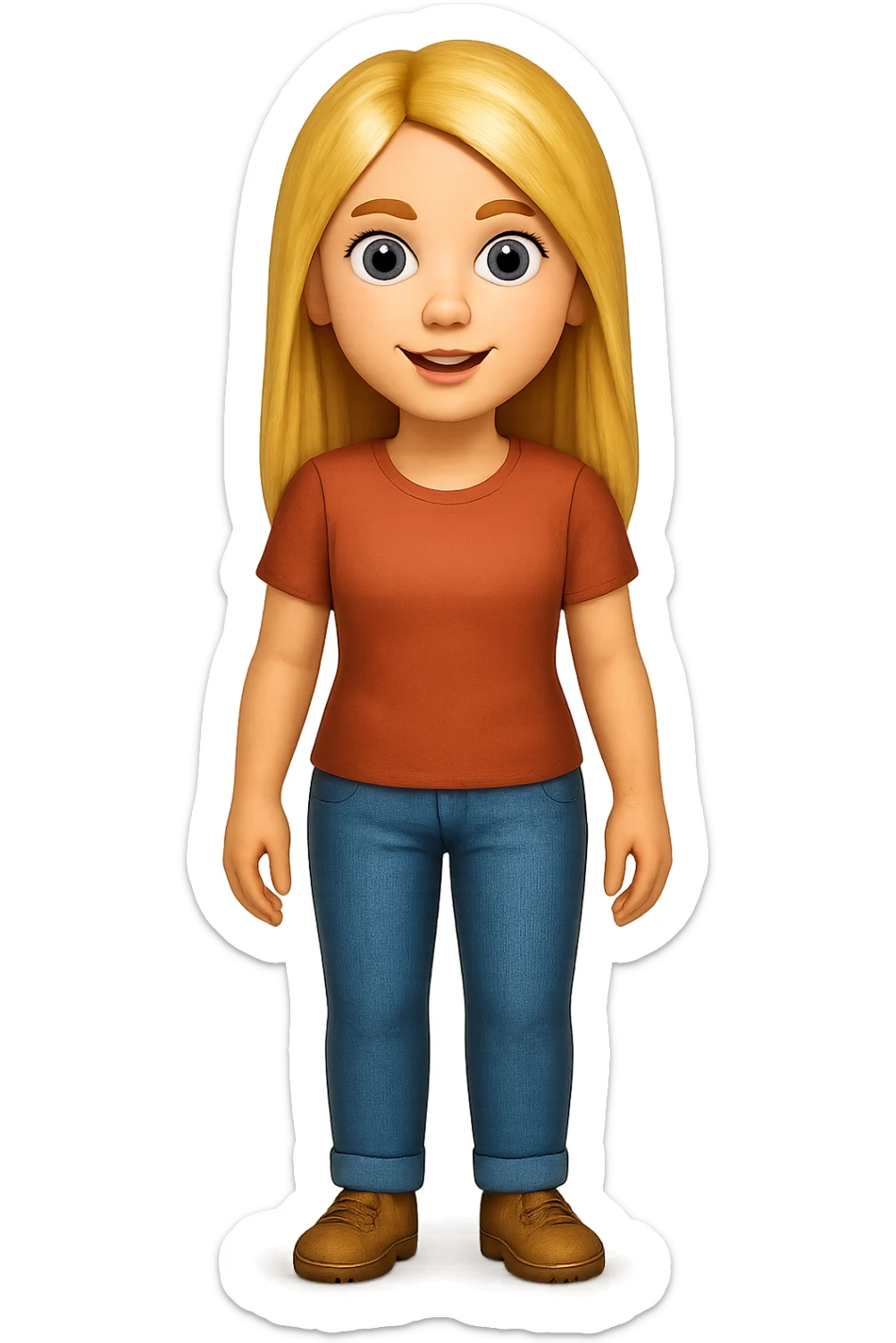 Сгенерируй мне в стиле детализированного емодзи девушку русской внешности, блондинку. В ПОЛНЫЙ РОСТ ОНИ И НЕ КАСАЮТСЯ КРАЕВ ИЗОБРАЖЕНИЯ sticker