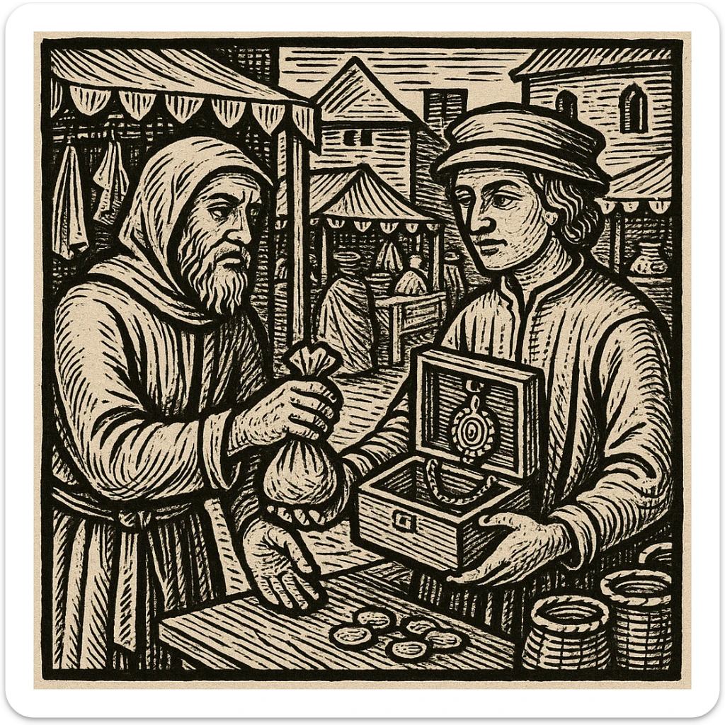 Сгенерируй мне гравюру, как в средневековье один мужчина дает другому мешочек, а другой украшение коробку деревянную, они торгуют, все это происходит на рынке sticker