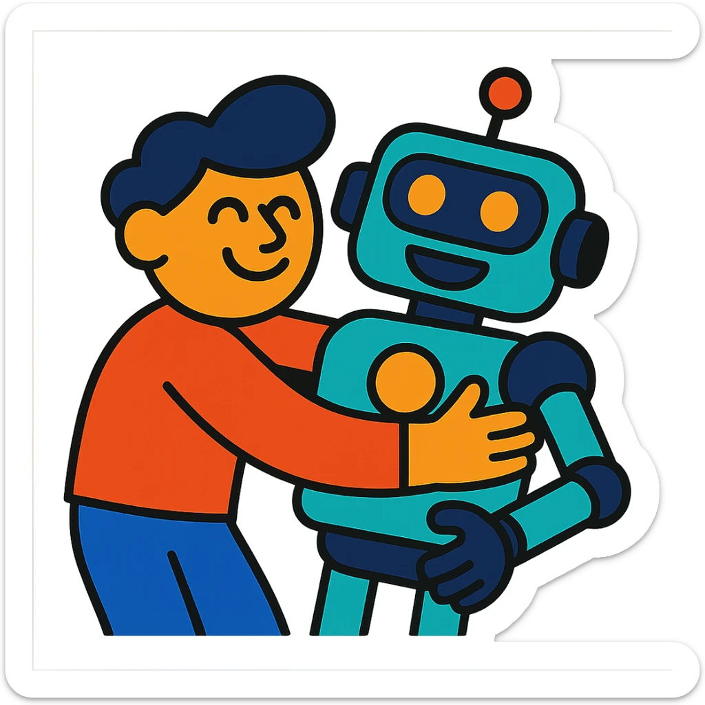 abstract illustration of a person hugging a friendly robot in vibrant toon style sticker