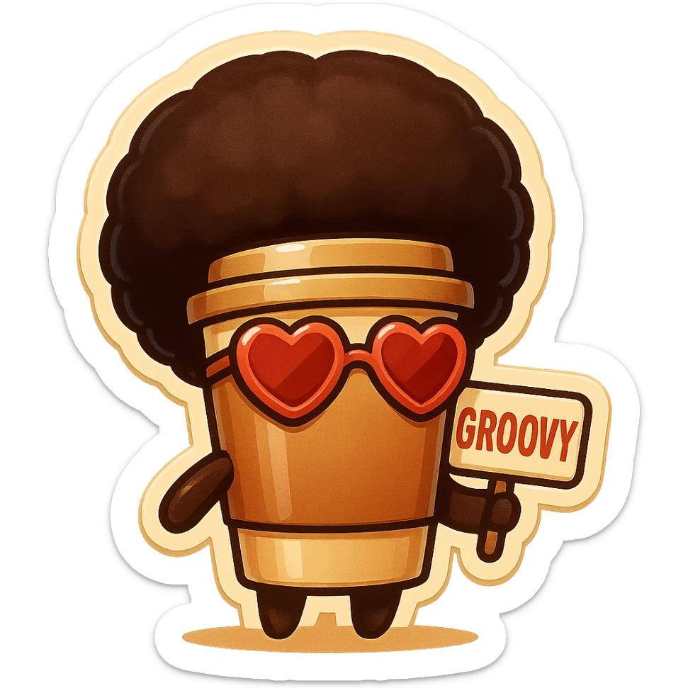 Tall coffee cup, no mouth, afro, heart glasses, holding sign "groovy" sticker