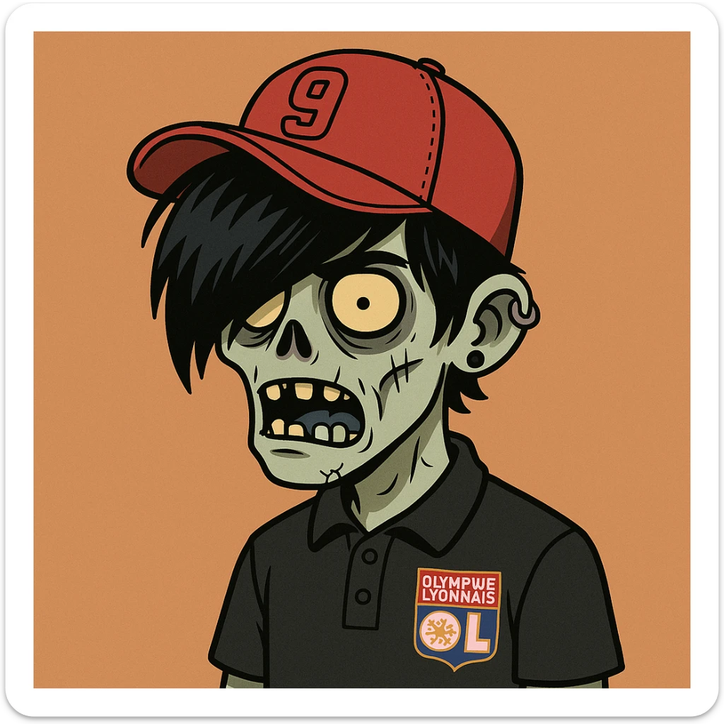 zombie boy with black emo hair and piercing, black polo shirt with Lyon logo, red cap with a '9', cartoon style sticker