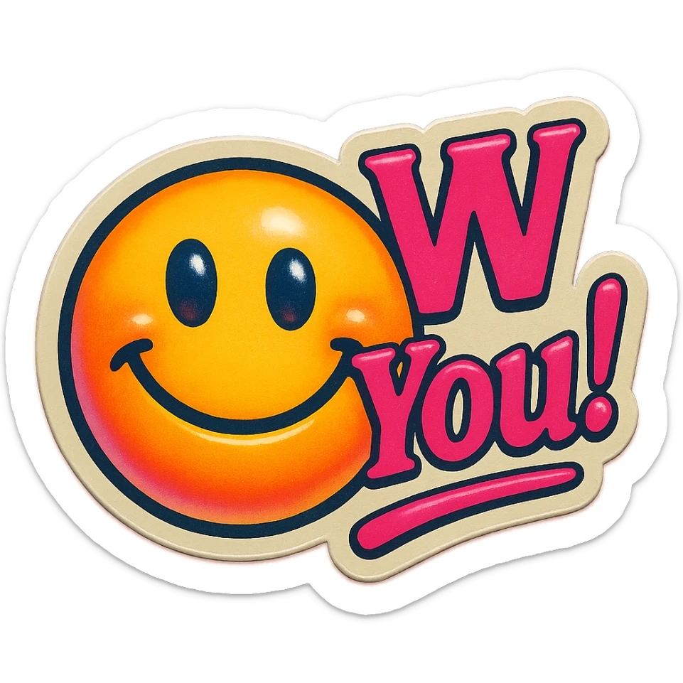 excited smile with mouth closed 
add the words W You! in pink sticker