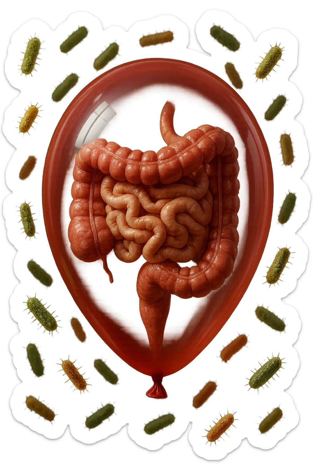 intestino umano anatomico chiuso in un palloncino rosso con batteri intestinali che fluttuano intorno, iperrealistico 4k sticker