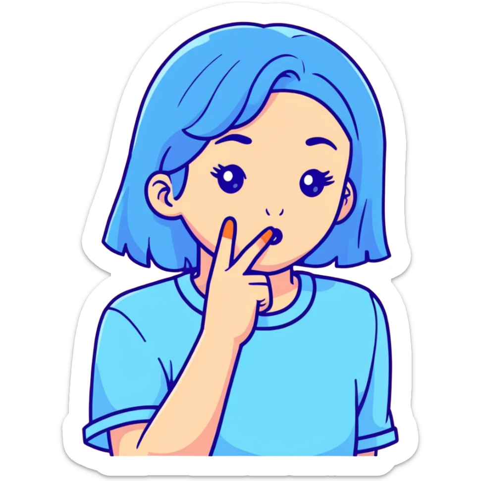 girl wearing pastel blue clothes with finger on lips making a quiet shh gesture sticker