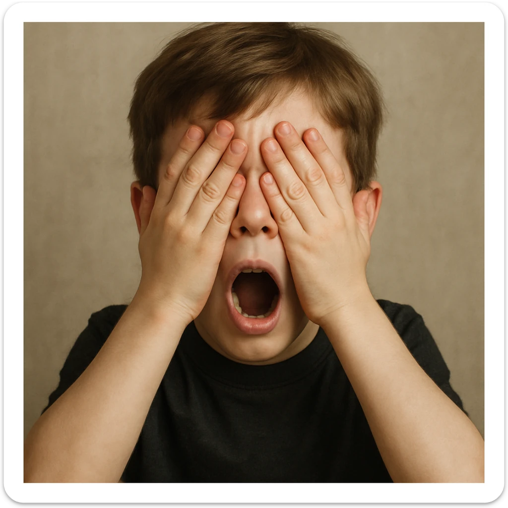 white boy with brown hair, shocked face, hands over eyes, black shirt, front view sticker