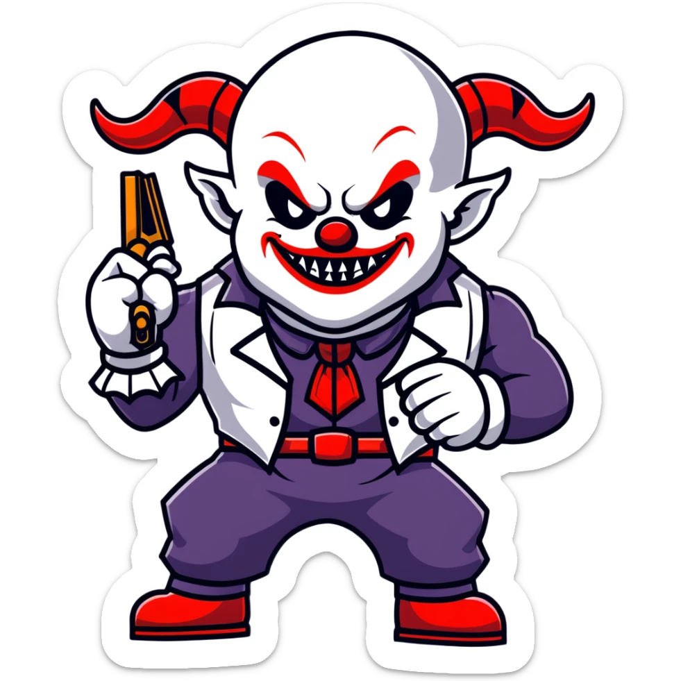 full-body muscular demonic clown, battle-ready, black and white leisure suit with bellbottom pants, bald, black ram horns, flashy black and white belt, ruffled white shirt, no neck tie, large fangs, holding very large futuristic rifle sticker