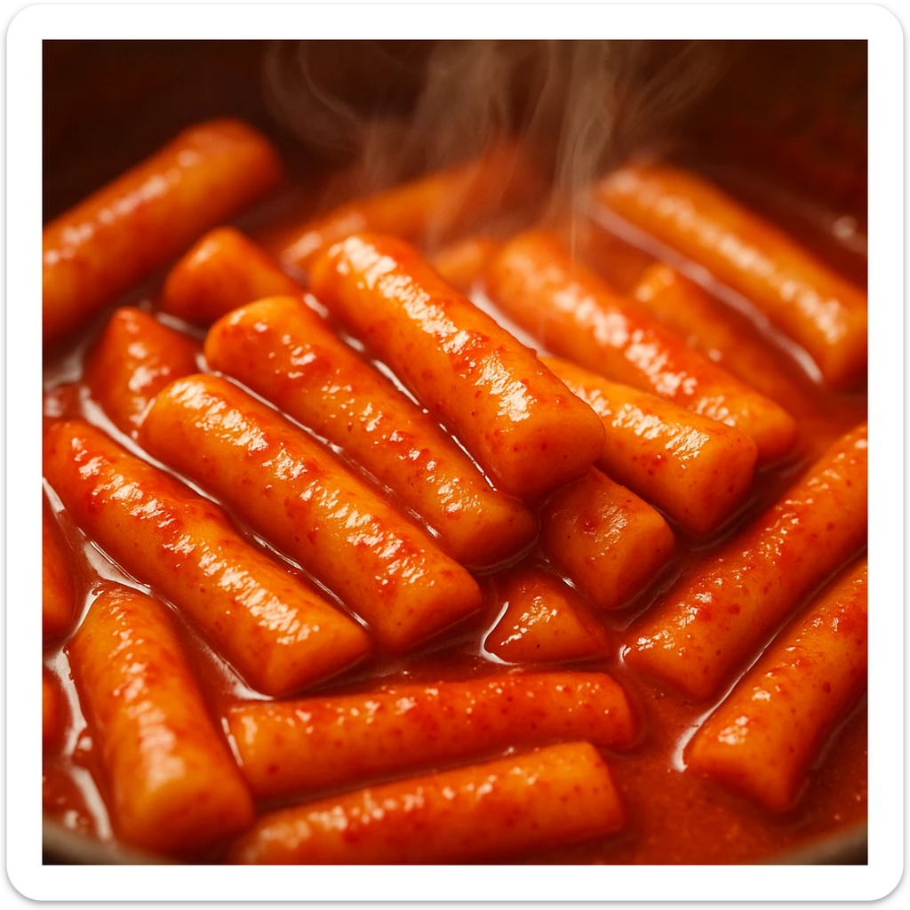 tteokbokki, spicy Korean rice cakes, vibrant, appetizing, close-up, steam rising sticker