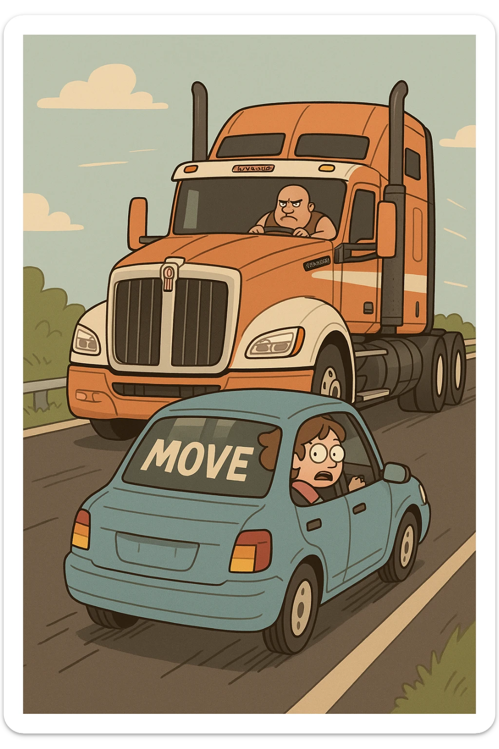 big semi sleeper truck Kenworth W680 2026 behind a small car with 'move' on its rear window, both vehicles on a road, lighthearted, dynamic, comic style sticker