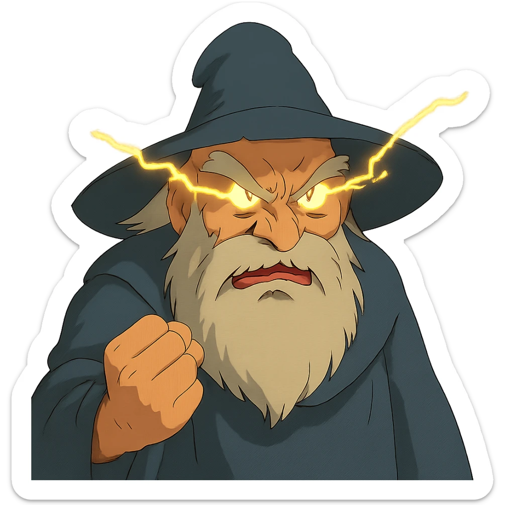 ghibli style angry wizard with lightning eyes and a balled up fist sticker