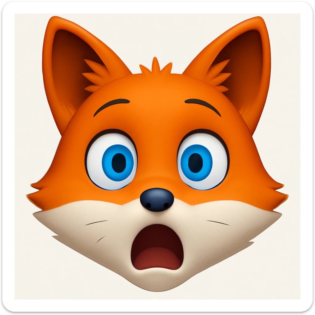 A 2D cartoon fox emoji with a surprised expression, wide eyes and open mouth, with blue eyes. sticker