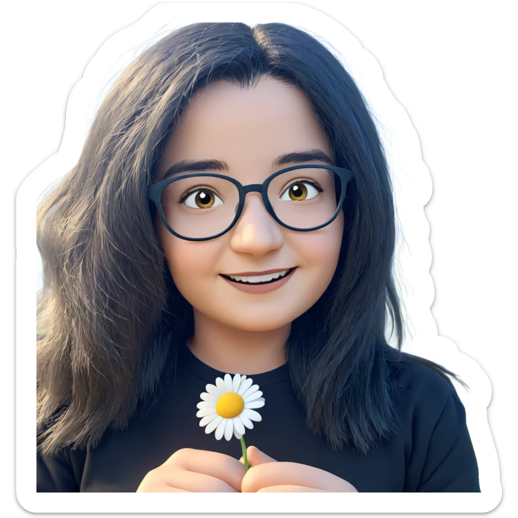 smiling girl holding daisy sticker