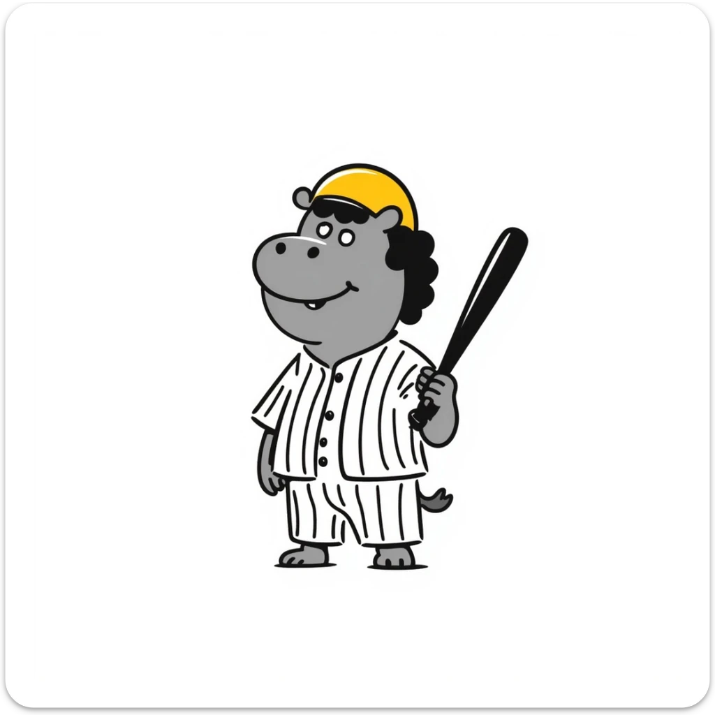 hippo holding a baseball bat, wearing a yellow helmet, pinstripes outfit sticker