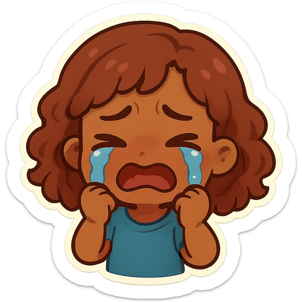 brown-skinned girl with shoulder-length curly reddish hair, crying, chibi stickers style sticker
