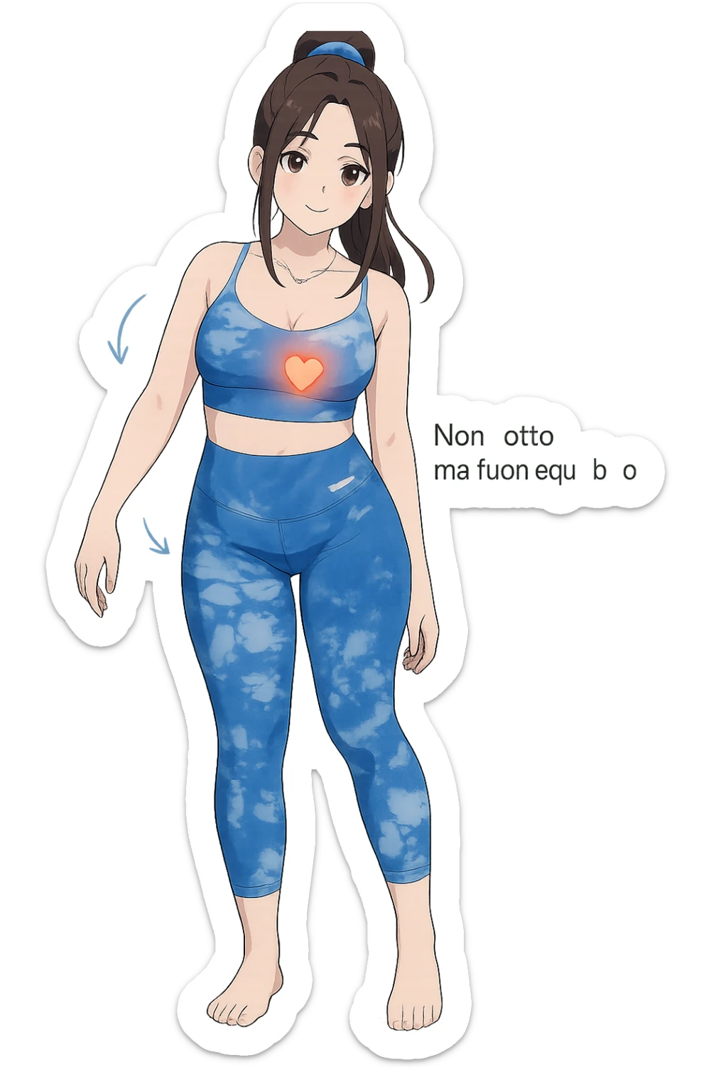 stile manga a woman stands in a relaxed pose, with a gentle, confident expression. Her body is shown with subtle, curved lines or arrows indicating areas of imbalance (such as a slight tilt in the shoulders or hips), but no signs of injury or damage. A soft glow or heart symbol at her core emphasizes resilience and the message “Non rotto, ma fuori equilibrio” The background is clean and clinical, with light blue tones. sticker