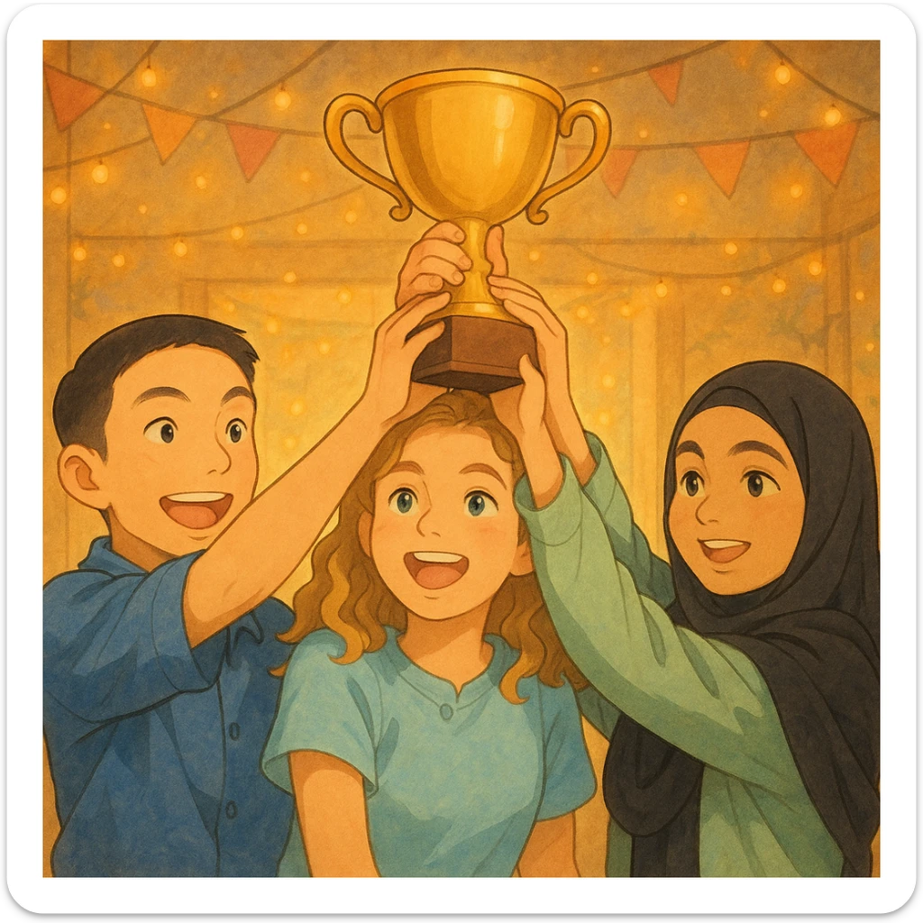 Illustrate the four students shown in the photos lifting a trophy together in a warm atmosphere, joyful expressions, soft golden light, festive background in Ghibli style. sticker