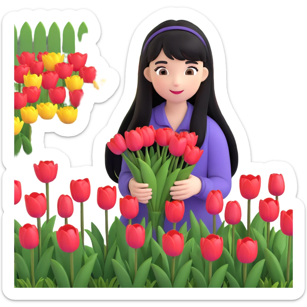 girl with long black hair and thin bangs, gathering tulips in a garden sticker