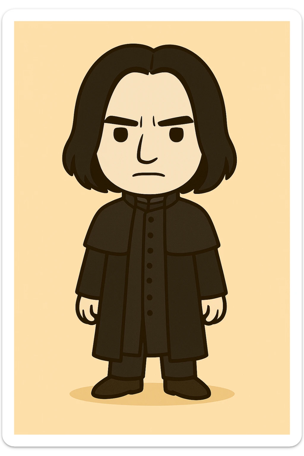 Full body illustration of Severus Snape in a cute, cartoon, simplified style similar to the Voldemort example. Add more details to the clothing: long black tunic with front buttons, high closed collar, extra fabric layer on shoulders like a short cape, long fitted sleeves, and a dark vest underneath. Use bold black lines and soft colors. sticker