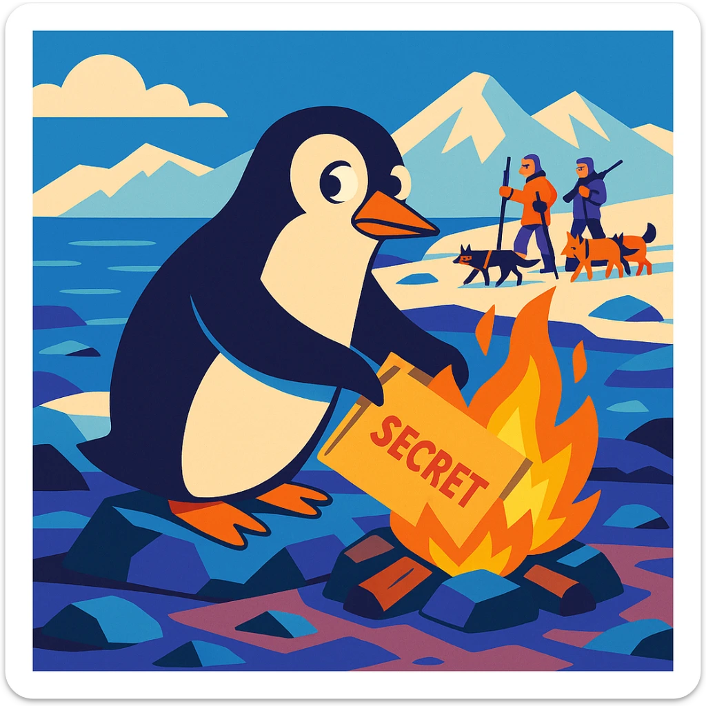 vibrant toon style penguin on a rocky polar shore, burning secret materials in a campfire, glancing around; far background, two people with wolf sled, rifles, skis sticker