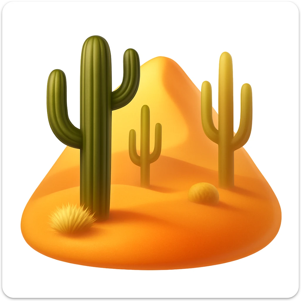 Create a desert emoji in the style of iOS emojis. The shape should be a sand mountain instead of a square, keeping the same cacti, sand, and colors. The sand mountain should be smooth and shiny with a slight blush added to the sand. sticker