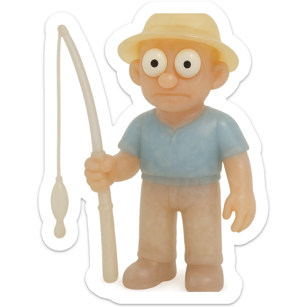 Make the fisherman even more transparent, ensure the whole body is visible, and make the eyes derpy with large white eyeballs and small black pupils looking in different directions. Maintain the style of a full-body, retro 90's toy that is very transparent and slightly see-through, with natural tan skin, blue shirt, yellow hat, pants, noticeable fishing pole, soft plastic texture, soft reflections, soft and squishy feel, some cloudiness, not shiny, highly detailed, and appealing. No tag and no background. The style is retro 90's toy with soft plastic texture and transparency. sticker