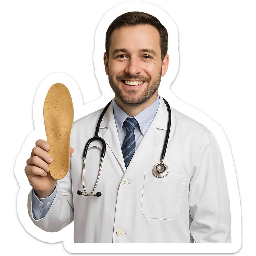 realistic smiling orthopedic doctor holding an orthopedic insole, neutral background sticker