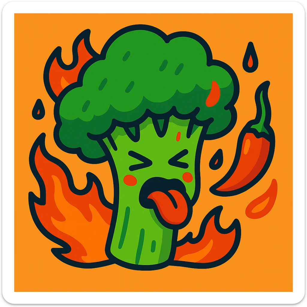 Spicy broccoli with a surprised, flushed face, not puking, in vibrant cartoon style with vivid colors and expressive features. sticker