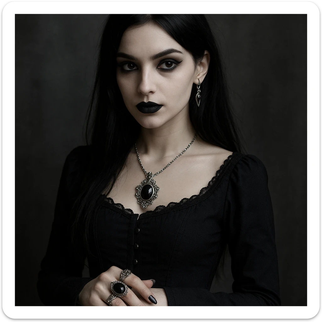 gothic girl, gothic style, black dress, silver jewelry, mysterious expression sticker