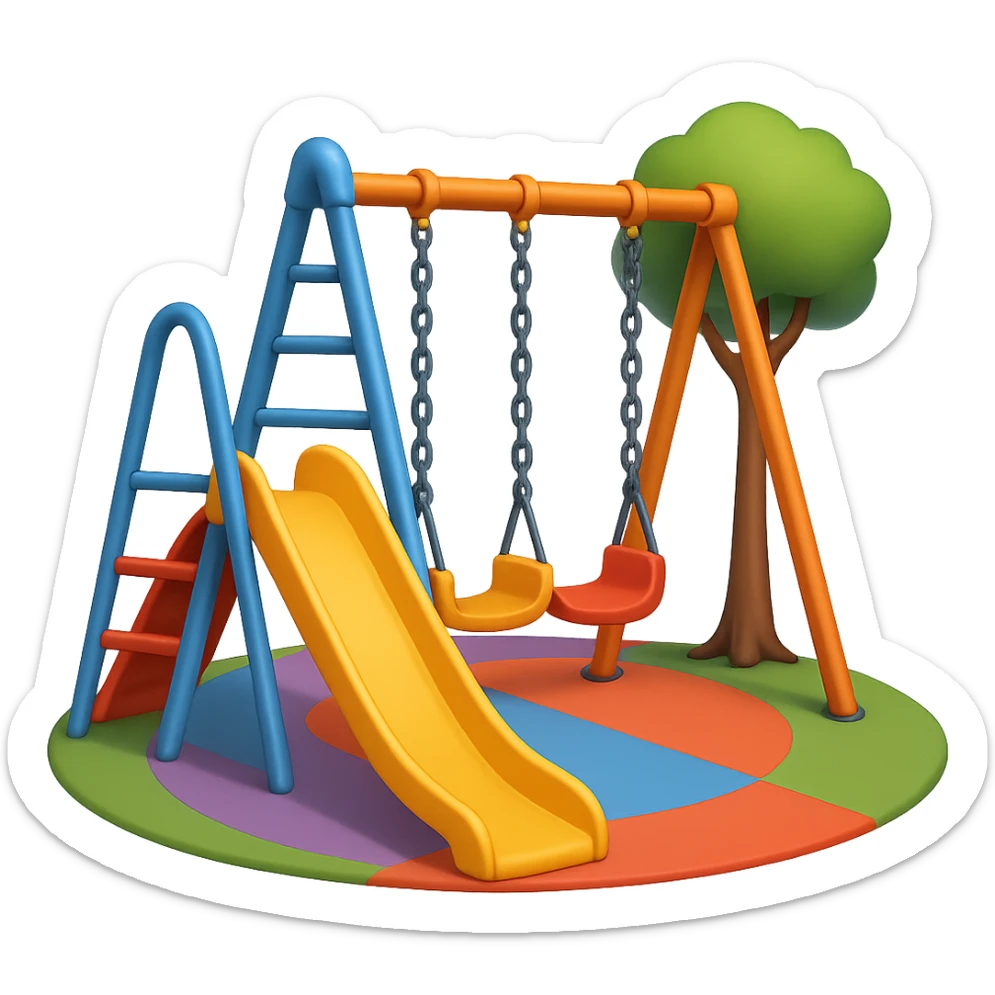 Add subtle shading and small accents to the playground elements to enhance detail while keeping the frame minimal with one slide. The playground floor should be colorful and round. The style should emulate emoji style with no background. sticker