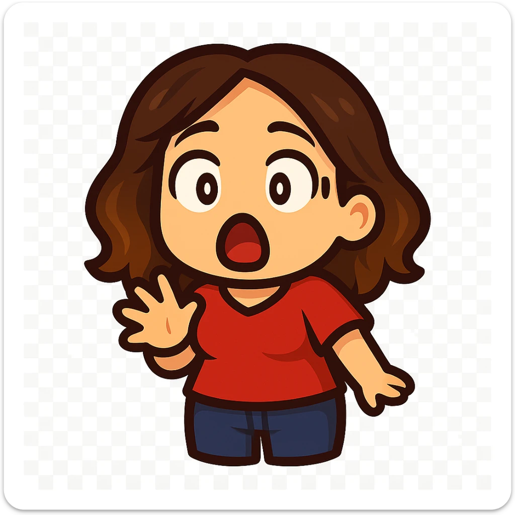 Create a chibi emote of a woman from the reference wearing a red blouse and jeans, surprised/shocked, no headband, no wand, matching the attached green heart emote as a base, transparent background sticker