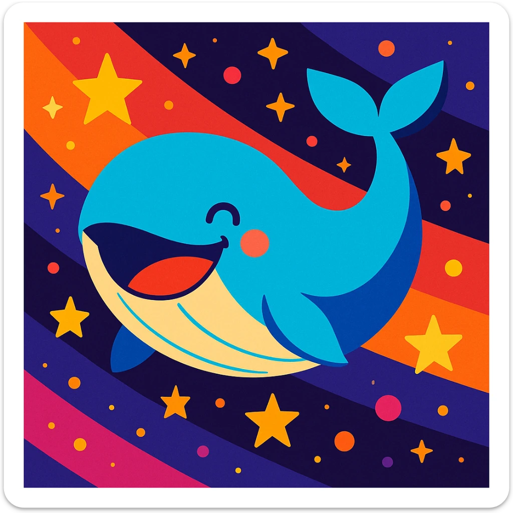 the happiest whale in space, vibrant, joyful, floating among stars, cosmic background sticker