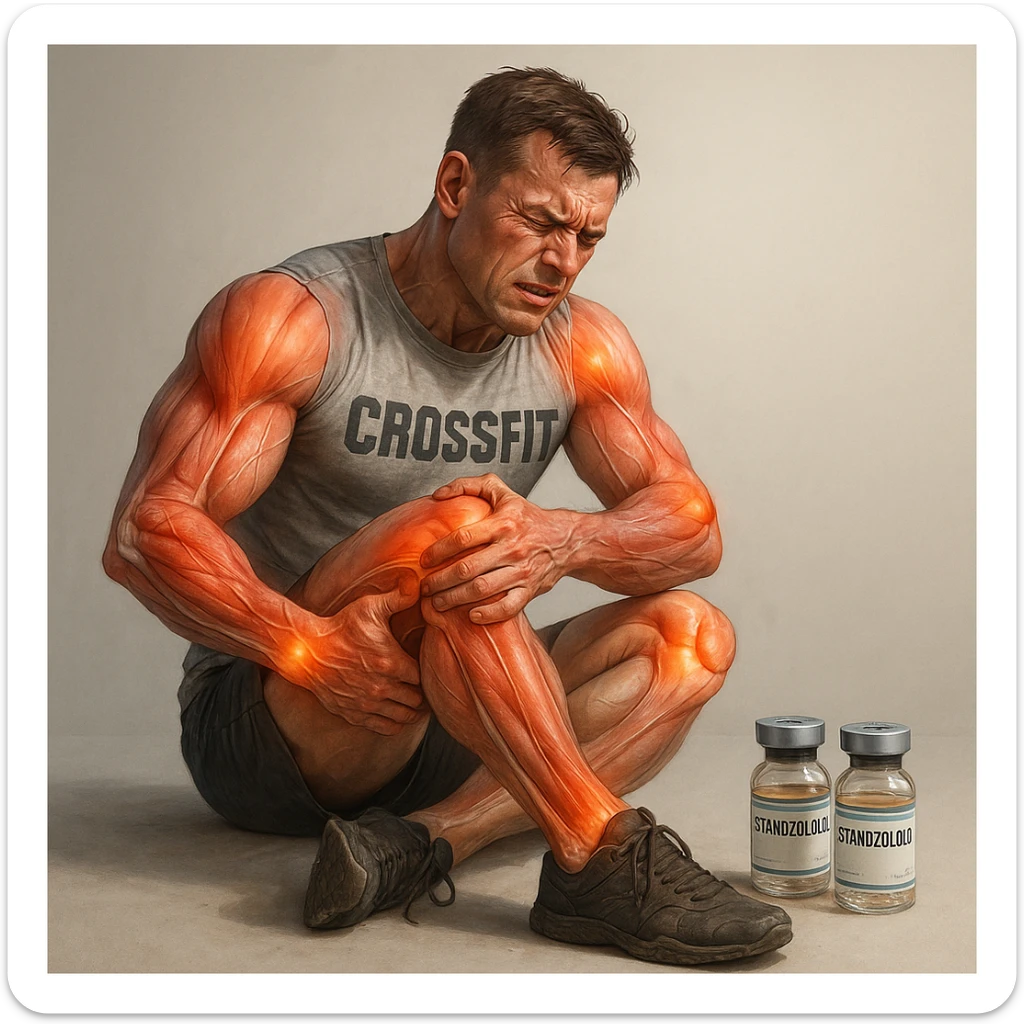realistic and anatomical crossfit athlete with joint problems all over the body, detailed muscles and joints, pained expression, vials of 'Stanozololo' nearby, natural light, neutral background sticker