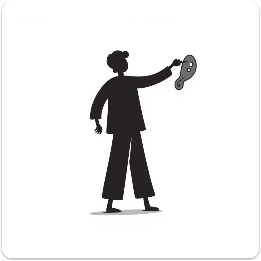 A paintbrush morphing into a metal human figure silhouette, representing artistic identity sticker