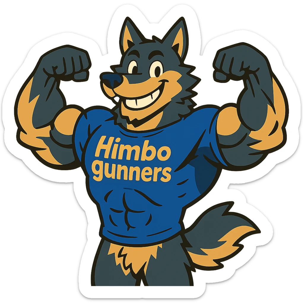 extremely muscular wolf furry with exaggerated muscles, wearing a t-shirt that says 'Himbo gunners', flexing pose, big friendly grin sticker