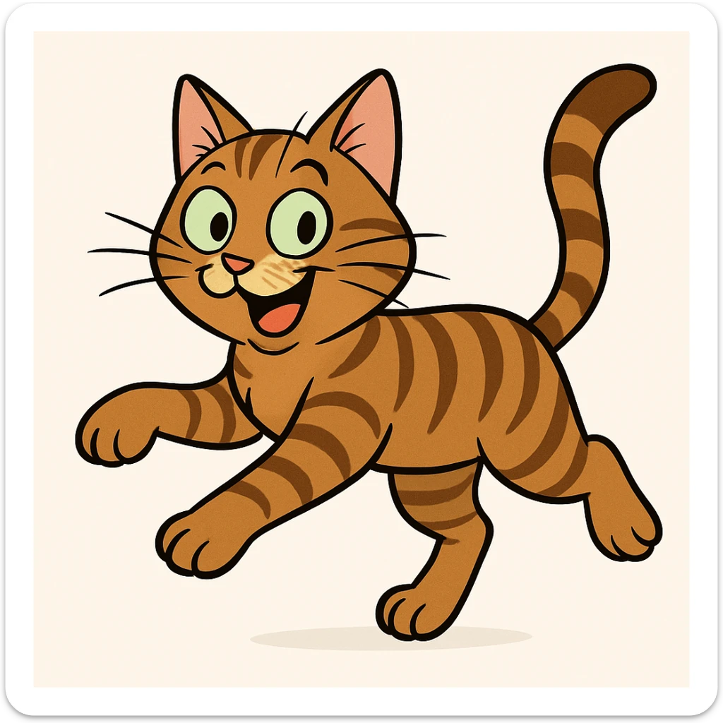 Transform the jumping European shorthair cat into a tabby cat in a cartoon style with a playful expression, keeping the white background. sticker