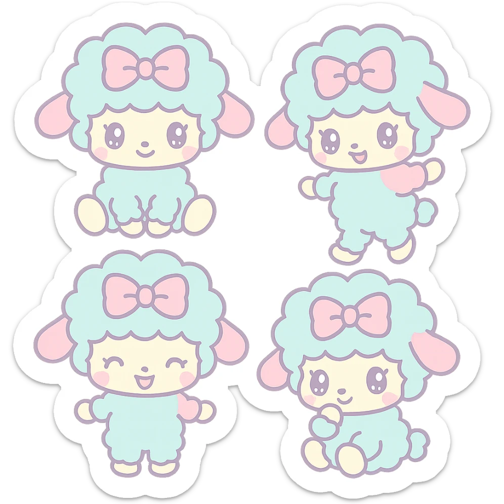 DeeDreamy, a cute blue and pink Sanrio lamb, four different poses, kawaii style, pastel colors, big sparkling eyes, fluffy wool, wearing a bow sticker