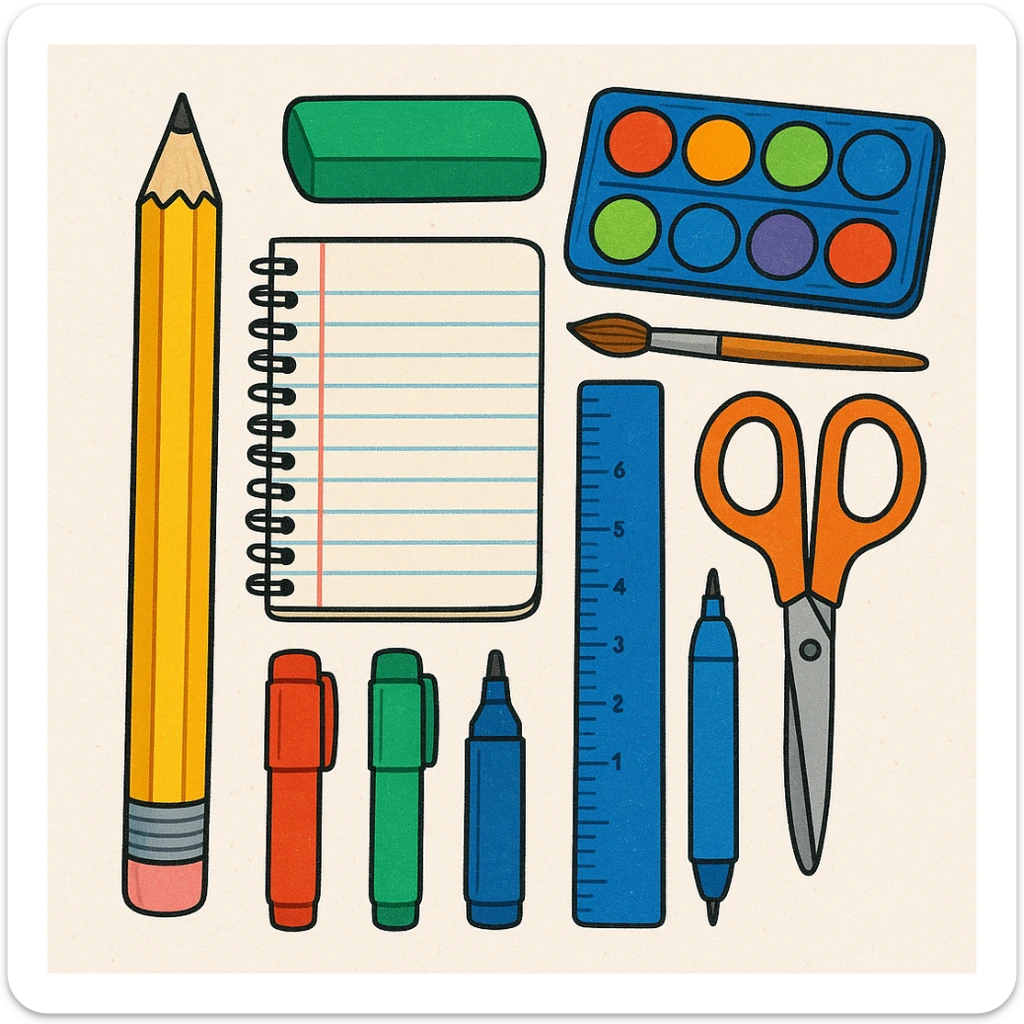 illustration of a pencil, various styles of school supplies sticker