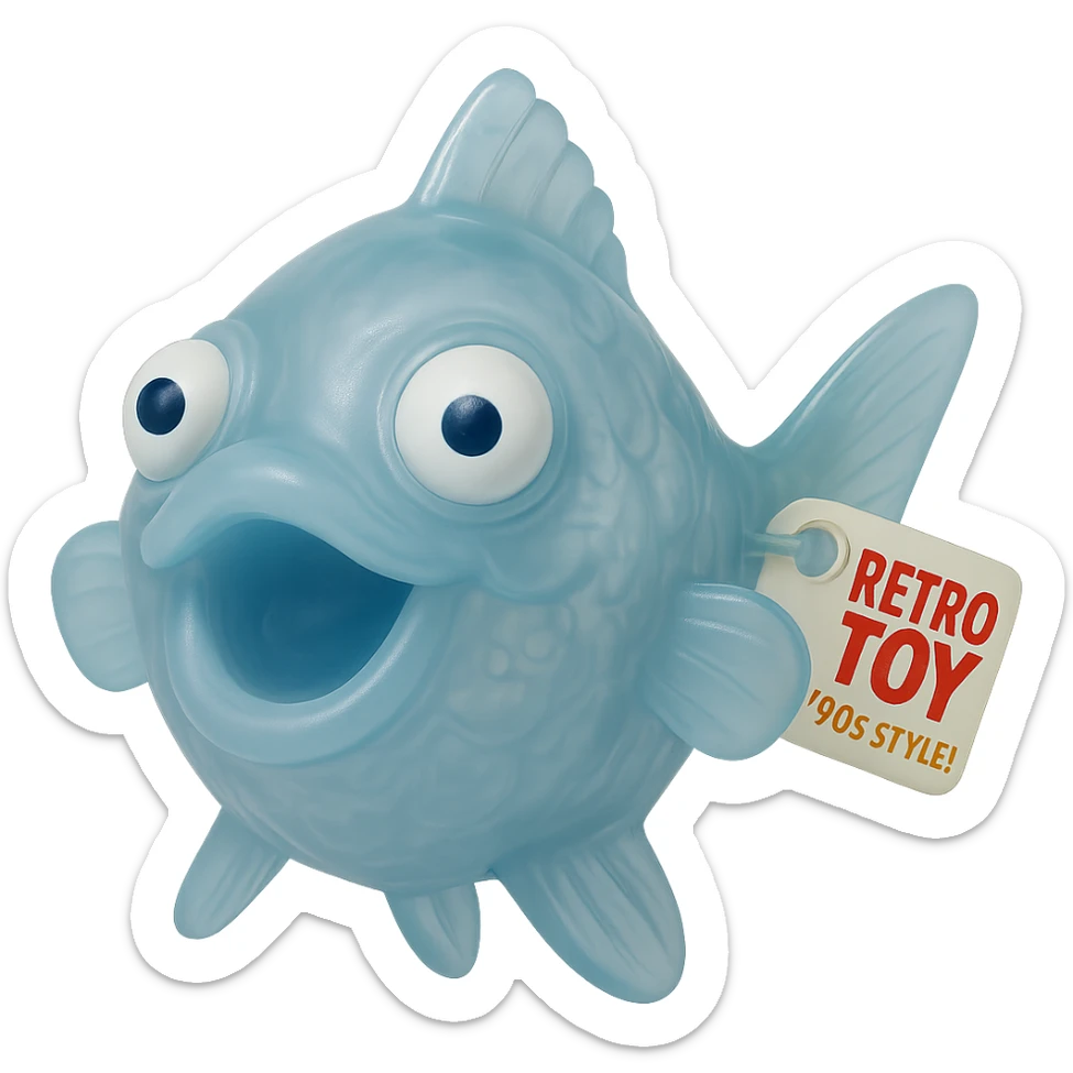 Add a retro toy tag on the fin. Make the body see-through, semi-transparent plastic with a blue tint. Eyes going opposite ways, looking straight at the camera. No background. Hyper-detailed, soft plastic 90's toy look, soft reflections, soft and squishy, some cloudiness, not shiny, highly detailed, appealing. Style: soft plastic 90's toy look. sticker